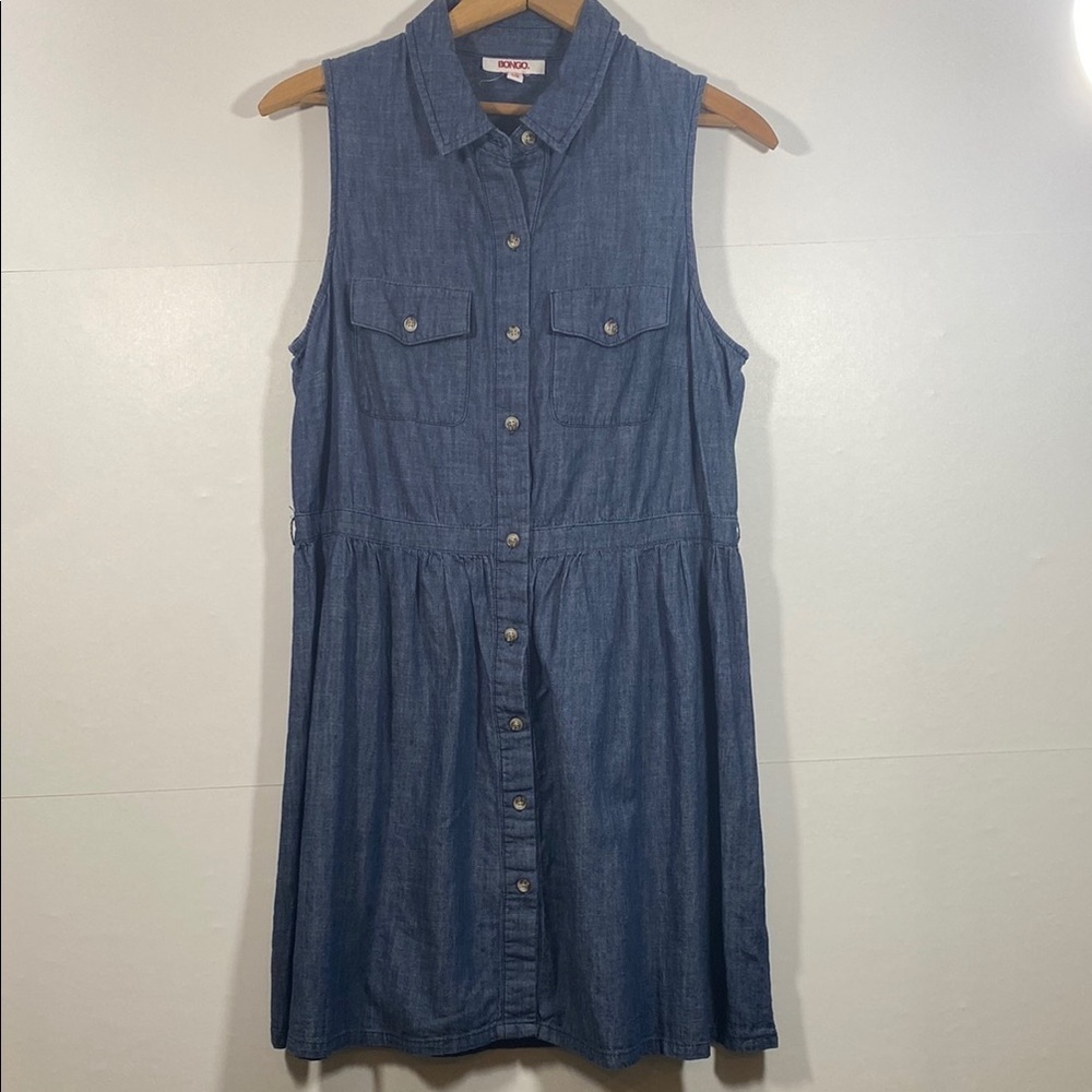 BONGO 100% Cotton Blue Chambray Mini Shirt Dress